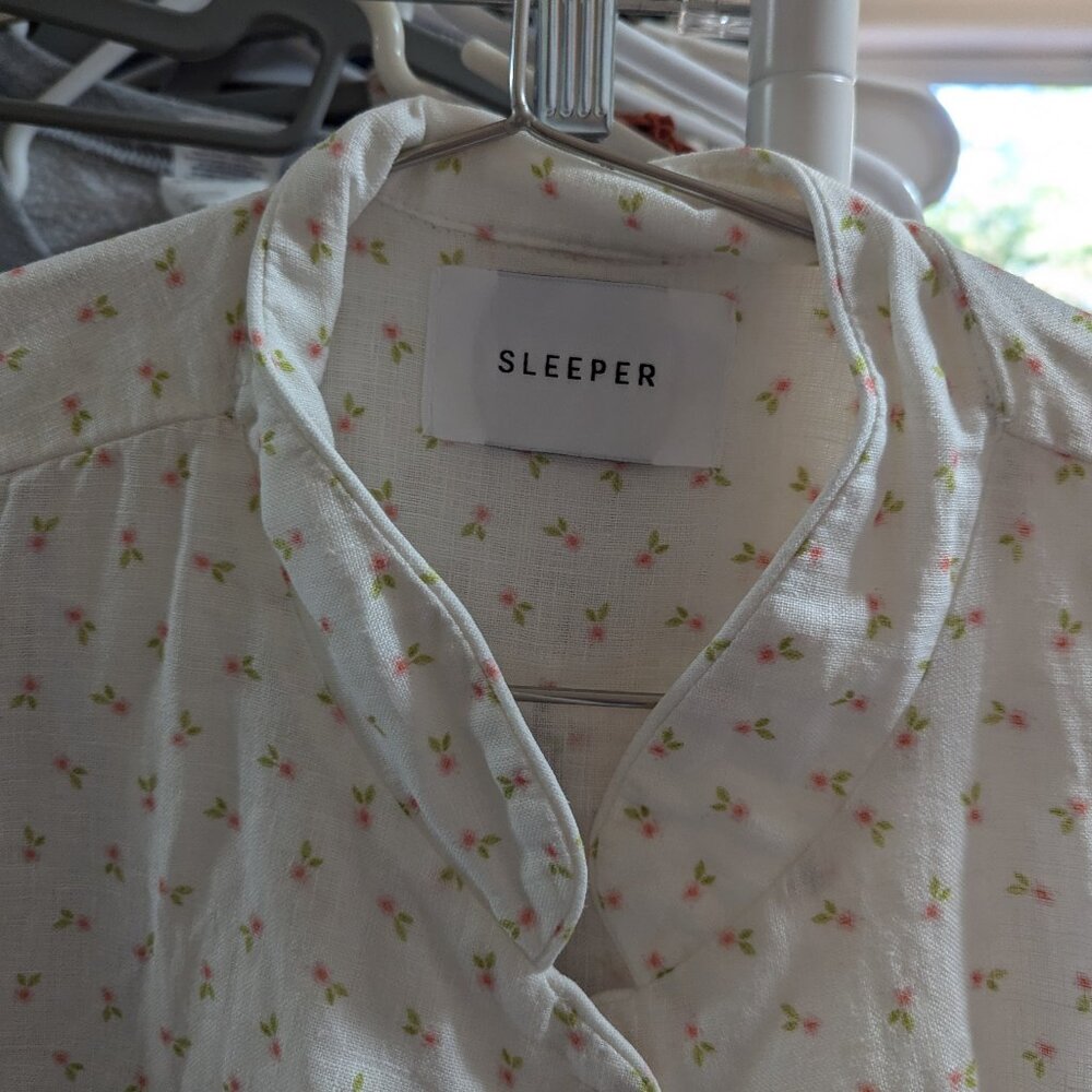 Daily Sleeper linen pajama set with light pink rosebud print